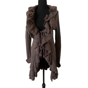 Magic Vintage Womens Brown Ribbed Knit Ruffle Faux Fur Trim Cardigan Sweater L